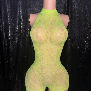 EXOTIC DANCEWEAR- NEON Green Stoned Lace Romper - Stripperwear- dancewear - stripper - exotic dancer- stripper outfits by @ExoticBarbieCo