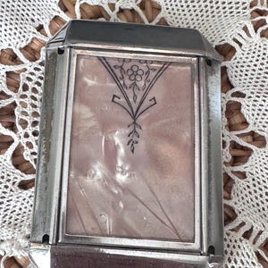 Vintage Art Deco Chromed Compact Case 1940s - Pearl with Art Scroll Design