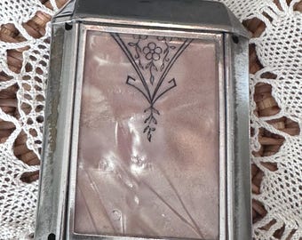 Vintage Art Deco Chromed Compact Case 1940s - Pearl with Art Scroll Design