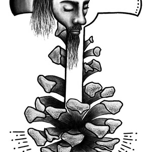 May include: Black and white illustration of a cross with a face wearing a crown of thorns. The cross is stylized with a pinecone at the base. The image is signed "Powell Perceptions".