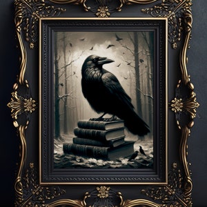 Dark Academia Raven Printable, Crow Portrait Wall Print, Dark Academia Decor, Raven Forest Printable, Vintage Poster, Gothic Oil Painting