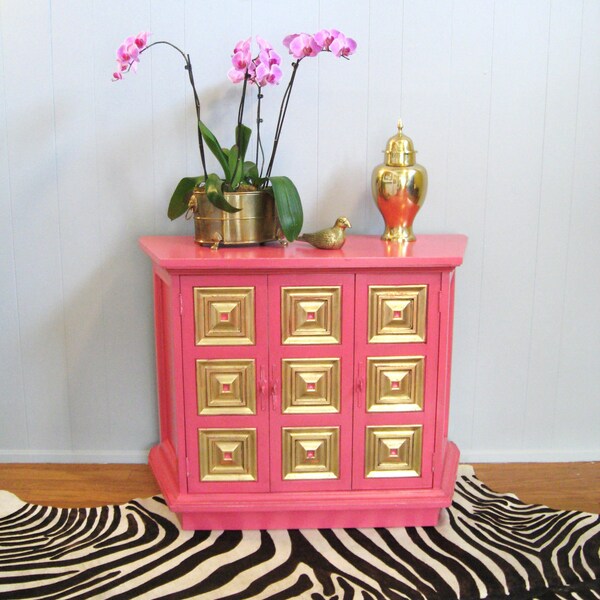 Vintage HOLLYWOOD REGENCY Hot Pink Gold Leaf CREDENZA Cabinet