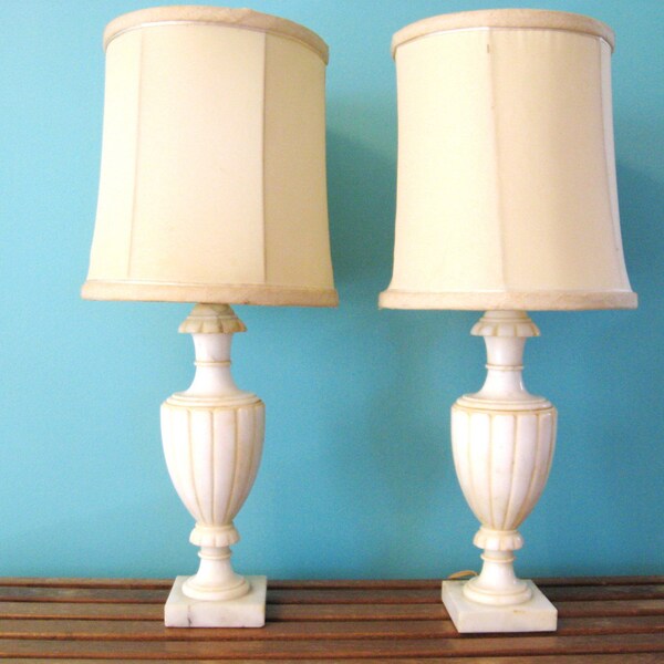 40s Pair White ALABASTER MARBLE Vintage Table LAMPS