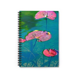 Spiral Notebook "Water Lilies (Pink and Green)" Photograph by Kim A. Bailey - Ruled Line with Pocket