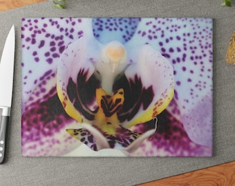 Purple Orchid Macro Glass Cutting Board - Floral Kitchen Decor