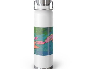 Copper Vacuum Insulated Water Bottle, 22 oz Featuring Kim A. Bailey's Water Lily (Pink and Green) Photograph