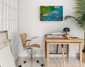Water Landscape Photograph. Bright Blue, Pink, and Green Leaves Artwork, Wall Art for Your Home or Office
