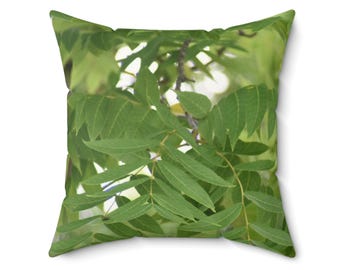 Faux Suede Square Pillow with "Green Tree Leaves" by Kim A. Bailey