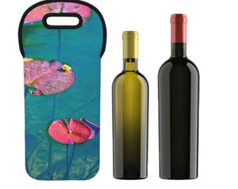 Wine Tote Bag, "Water Lily (Pink and Green)" Photograph by Kim A. Bailey