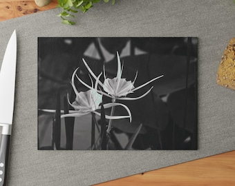 Glass Cutting Board - Black and White Alligator Lily Floral Kitchen Decor