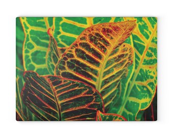 Tropical Croton Leaves Glass Cutting Board | Botanical Kitchen Décor