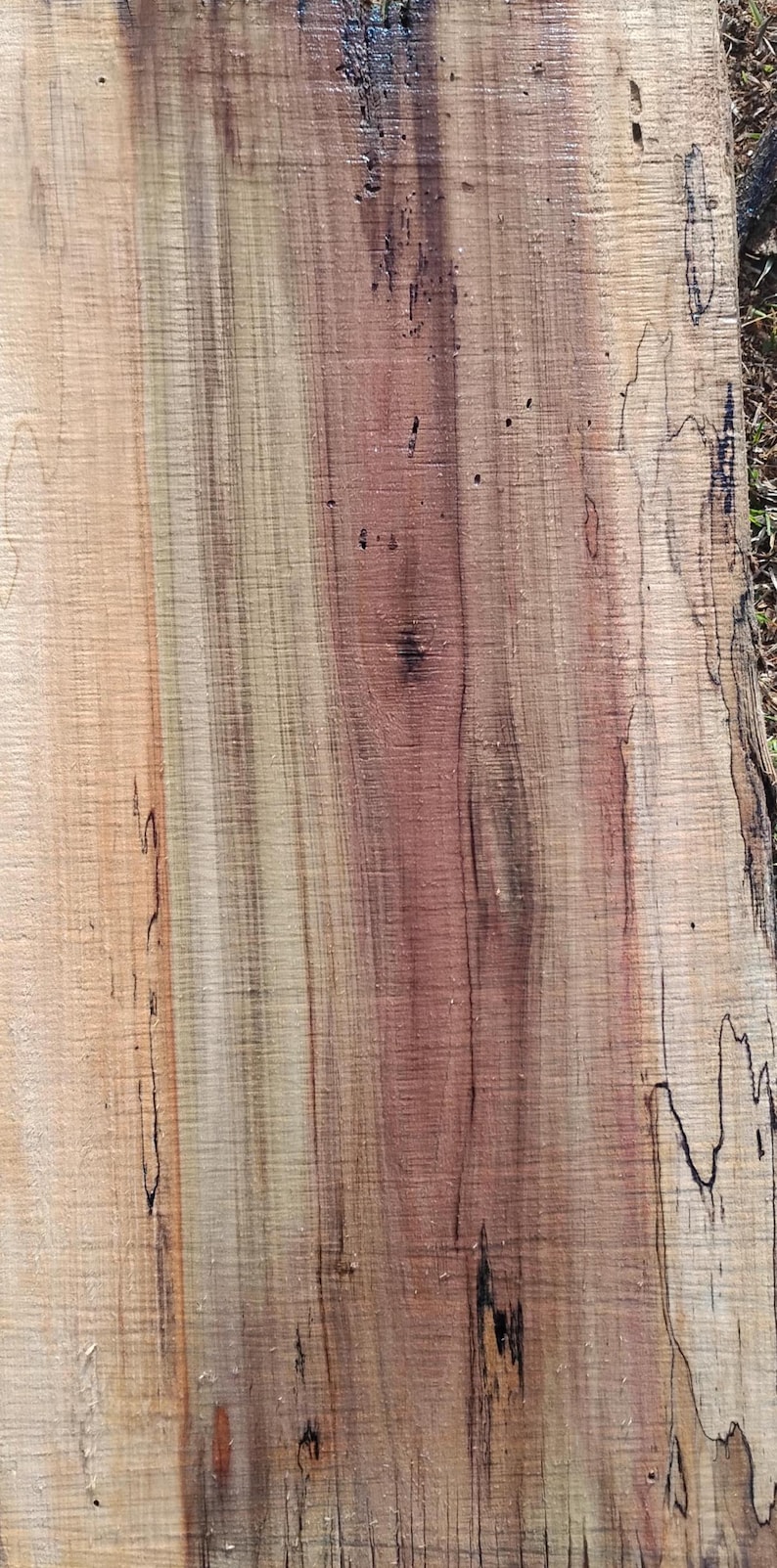 May include: Close-up of a wood slab with a natural grain pattern. The wood features a mix of light tan, reddish-brown, and dark brown hues, with dark streaks and knots. The texture is rough and organic.