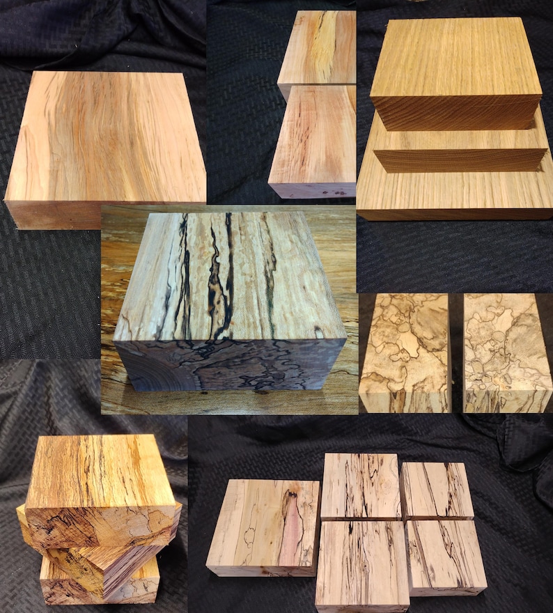 May include: A collection of various wooden blocks, showcasing unique grain patterns and colors. The blocks are rectangular and square, with natural wood tones ranging from light beige to dark brown, and some with black streaks.
