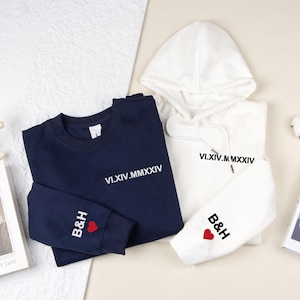 Custom Embroidered Couple Sweatshirt, Personalized Roman Numerals Date Hoodie, Custom Anniversary Couple Hoodies, Custom Initials on Sleeve