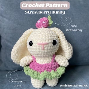 May include: A cream-coloured crocheted bunny toy with a strawberry theme. The bunny has black eyes, a pink nose, and a pink strawberry on its head. It wears a pink and green dress. The text "Crochet Pattern Strawberry Bunny" is at the top.