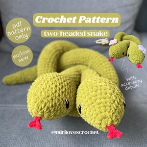 May include: Crochet pattern for a two-headed snake amigurumi toy. The snake is green and has a red tongue. The pattern includes accessory details.
