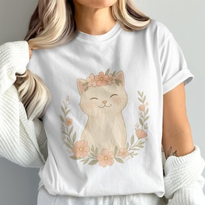 キュートな花柄猫Tシャツ - 猫好きのための美的猫Tシャツ - かわいい猫シャツ 快適な色