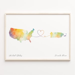 US to Puerto Rico Print, Watercolor Map Poster, Puerto Rican Gift, US Wall Art, Friendship, C23-148