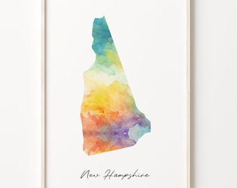 New Hampshire Watercolor Map Art Print: Colorful NH Wall Decor