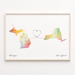 Michigan naar New York print, aquarel kaart poster, New Yorker cadeau, reizen muurkunst, emigratiekaart, C23-1697