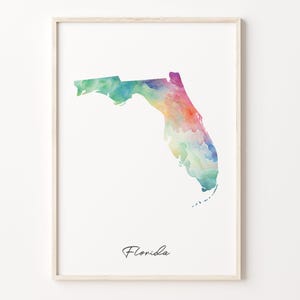 Florida Aquarell Karte Druck, Lebendiges Floridian Kunst Poster, FL Buntes Land Wandkunst, Regenbogen Druck, C26-210