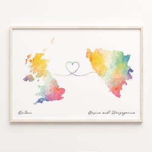 UK to Bosnien und Herzegowina Druck, Aquarell Karte Poster, Bosnisches Geschenk, Vereinigtes Königreich Wandkunst, Länder Herzkarte, C23-222
