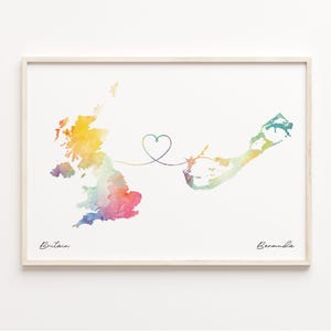 UK to Bermuda Druck, Aquarell Karte Poster, Bermudas Geschenk, Vereinigtes Königreich Wandkunst, randlose Liebeskarte, C23-219