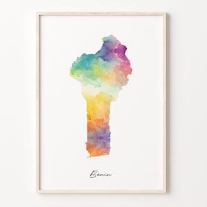 Benin Aquarell Karte Druck, Lebendiges Beninisches Kunstplakat, BJ Bunte Landwandkunst, Galeriewanddruck, C26-19