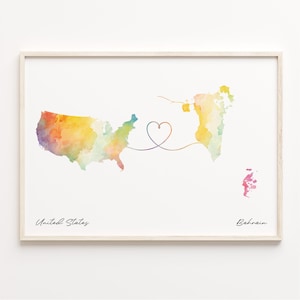 US to Bahrain Print, Aquarell Karte Poster, Bahrain Geschenk, US Wandkunst, Expatriate, C23-13