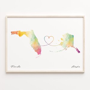 Florida naar Alaska print, aquarel kaart poster, Alaska cadeau, reizen kunst aan de muur, thuis in het buitenland kaart, C23-1299