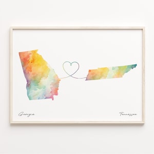 Georgia to Tennessee Print, Watercolor Map Poster, Tennessean Gift, Travel Wall Art, Global Love Map, C23-1602