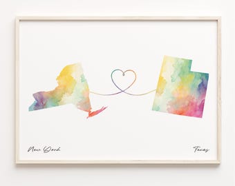 New York to Texas Watercolor Map Print: Long Distance Gift