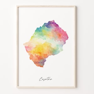 Lesotho Watercolor Map Print, Vibrant Basotho Art Poster, LS Colorful Country Wall Art, Rainbow poster, C26-103