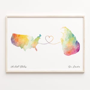 US to Sri Lanka Print, Aquarell Karte Poster, Sri Lanka Geschenk, US Wandkunst, Gap Year Map, C23-171