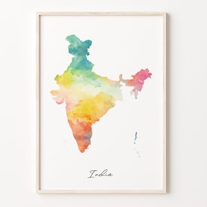 Impression de carte aquarelle de l'Inde, affiche d'art indien vibrant, dans art mural coloré pays, art éducatif, C26-82