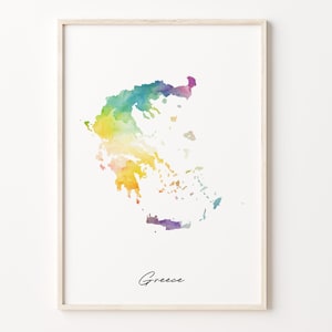 Griechenland Aquarell Karte Druck, lebendige griechische Kunst Poster, GR Bunte Landwandkunst, lebendige Karte, C26-69