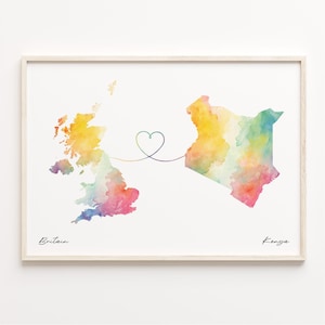 UK nach Kenia Druck, Aquarell Karte Poster, Kenia Geschenk, Vereinigtes Königreich Wandkunst, Umzug ins Ausland Karte, C23-294