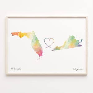 Florida naar Virginia print, aquarel kaart poster, Virginian cadeau, reizen muurkunst, LDR, C23-1345