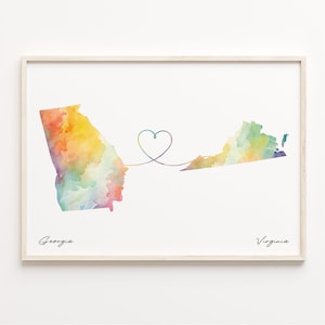 Georgia to Virginia Print, Watercolor Map Poster, Virginian Gift, Travel Wall Art, Borderless Love Map, C23-1605