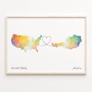 US to Austria Print, Aquarell Karte Poster, Österreich Geschenk, US Wandkunst, Zuhause im Ausland, C23-10