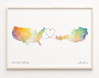 USA to Austria Watercolor Map Print: Country Connection Gift