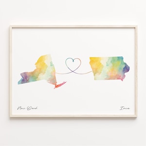 New York to Iowa Print, Aquarell Karte Poster, Iowan Geschenk, Reise Wandkunst, Digital Nomade, C23-1363