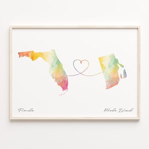 Florida naar Rhode Island print, aquarel kaart poster, Rhode Islander cadeau, reizen kunst aan de muur, relatie, C23-1339