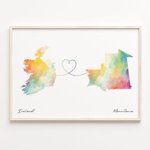 Ireland to Mauritania Print, Watercolor Map Poster, Martinican Gift, Travel Wall Art, Countries Heart, C23-1111