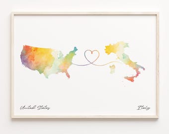 US to Italy Watercolor Map Print: Dual Citizenship Gift