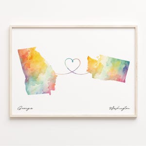Georgia to Washington Karte Poster, Druck, Aquarell Karte, USA Geschenk, Reise Wandkunst, Länder Herz Geschenk, C23-1607