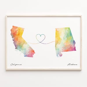 Californië naar Alabama print, aquarel kaart poster, Alabamian cadeau, reizen kunst aan de muur, bewegende overzeese cadeau, C23-1196