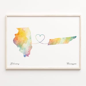 Impresión de Illinois a Tennessee, póster de mapa de acuarela, regalo de Tennessee, arte mural de viaje, expatriado, C23-1498