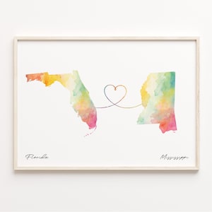 Florida naar Mississippi print, aquarel kaart poster, Mississippian cadeau, reizen kunst aan de muur, nieuw huis, C23-1324