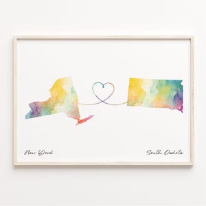 New York to South Dakota Karte, Aquarell Karte Poster, South Dakota Geschenk, Reise Wandkunst, Umzug nach Übersee, C23-1393